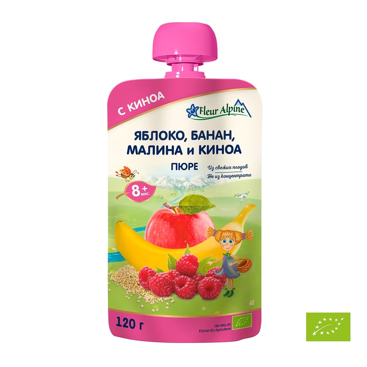 

Фруктово-ягодное органическое пюре Fleur Alpine Яблоко Банан Малина Киноа 120 г ТМ: Fleur Alpine