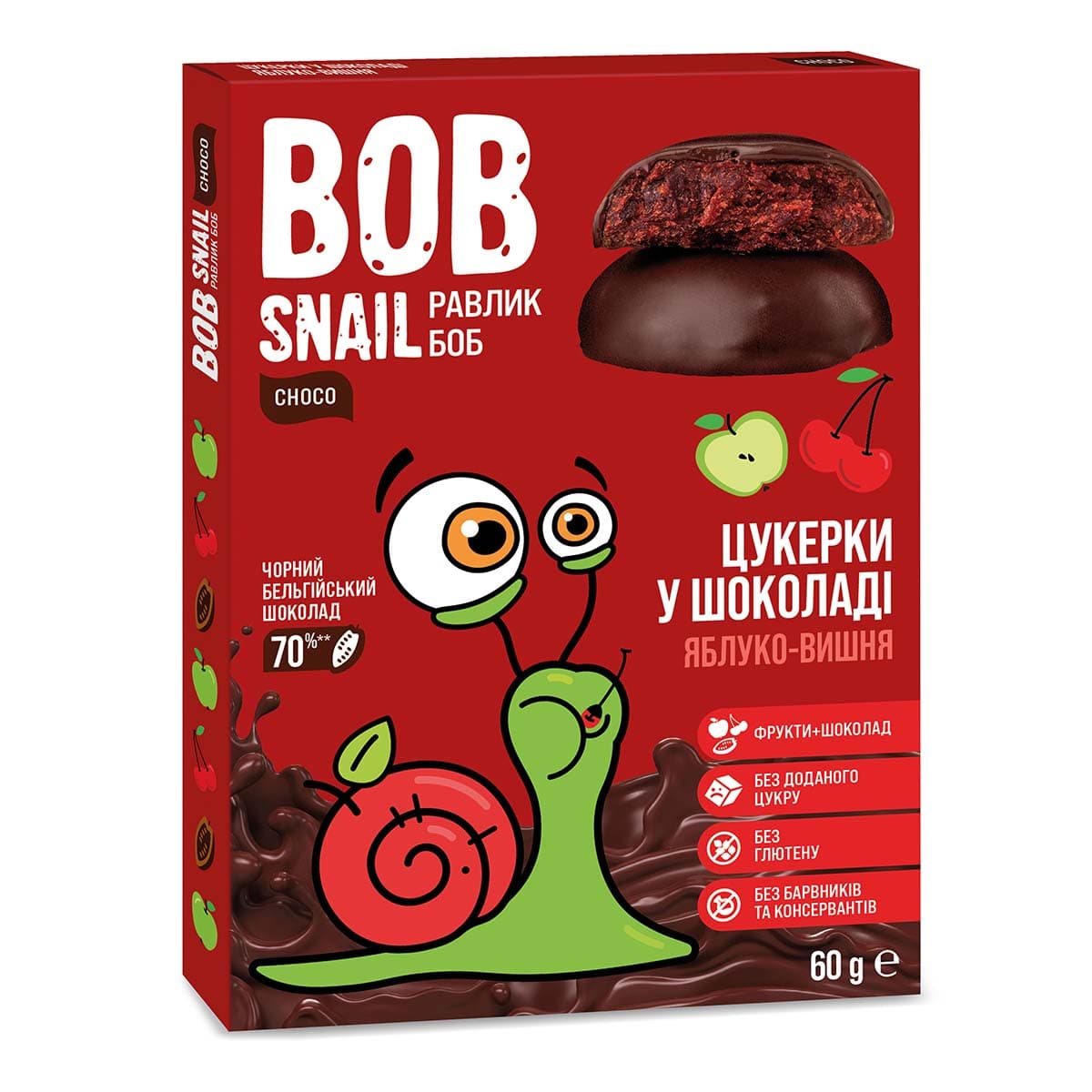 

Конфеты Bob Snail Яблоко Вишня в черном шоколаде 60 г ТМ: Bob Snail