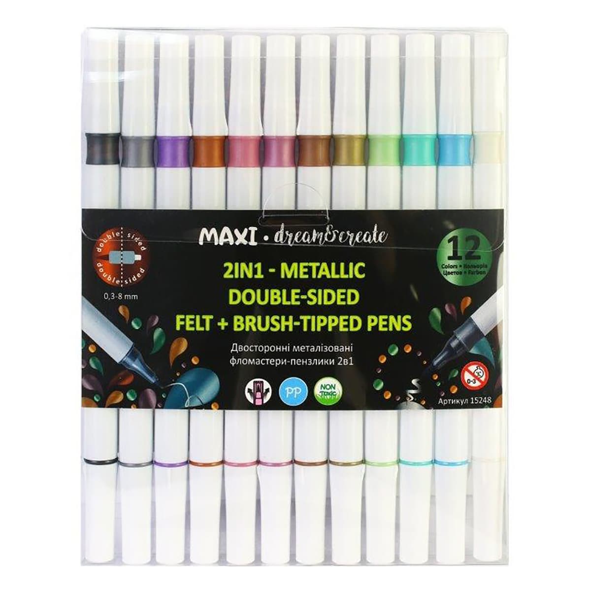 

Двусторонние фломастеры-кисти 2 в 1 Maxi Metal 12 цветов MX15248 ТМ: Maxi, MX15248